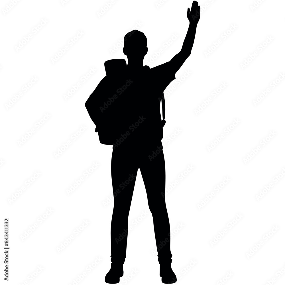 A man with a backpack keeps his hands on the waist. raised one hand high above his head Front view, full face. Isolated vector Silhouette A man with a backpack keeps his hands on the waist. raised one hand high above his head Front view, full face. Isolated vector Silhouette