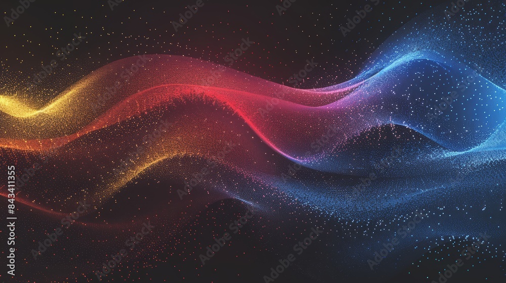 Fototapeta premium Grainy gradient background, smooth transition of blue, red, and yellow, with abstract glowing color wave on a black backdrop, noise texture banner