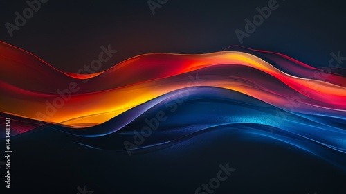 Grainy gradient background, smooth transition of blue, red, and yellow, with abstract glowing color wave on a black backdrop, noise texture banner