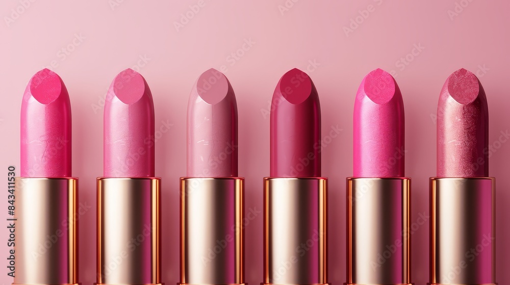 Pink lipsticks in different shades, lined up horizontally, isolated on pink, photorealistic finish, great for skincare and beauty themes Pink lipsticks in different shades, lined up horizontally, isolated on pink, photorealistic finish, great for skincare and beauty themes