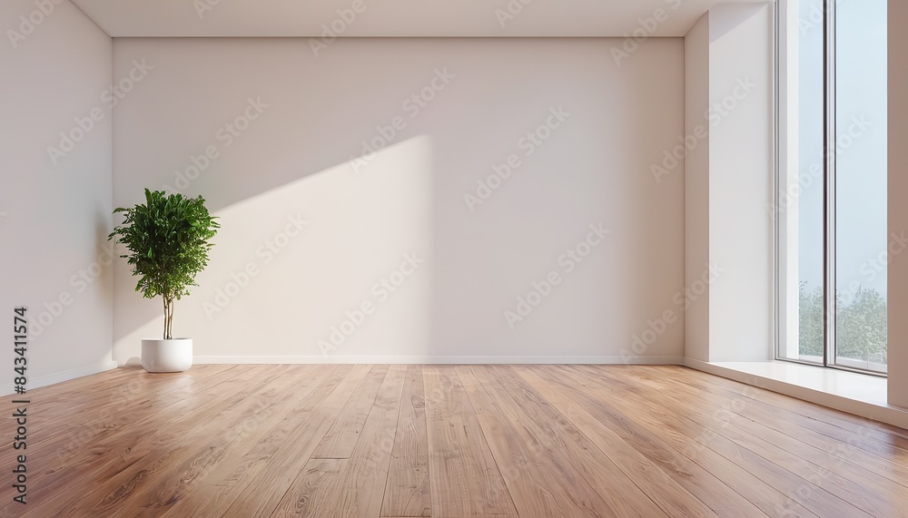 Empty room interior background, beige wall, pot with plant, wooden flooring 3d rendering Empty room interior background, beige wall, pot with plant, wooden flooring 3d rendering