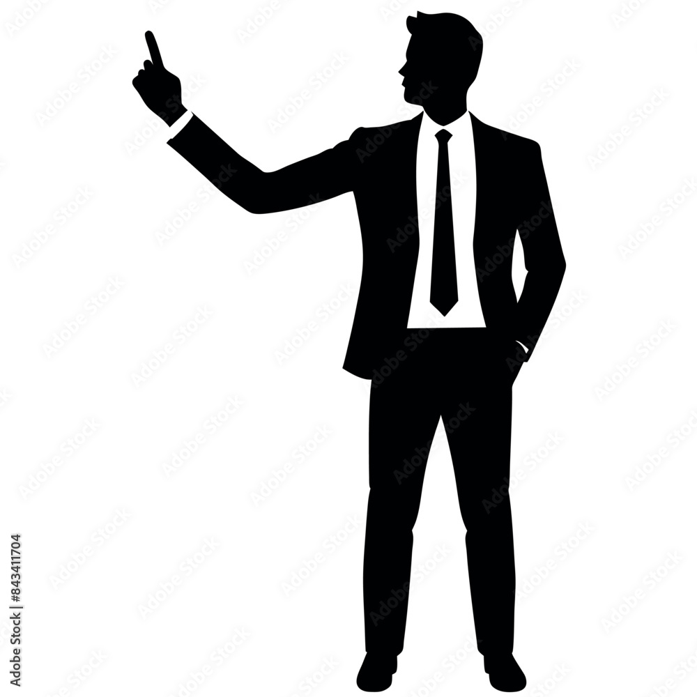 a realistic, smart and stylish businessman with a raised hand displaying something in silhouette a realistic, smart and stylish businessman with a raised hand displaying something in silhouette
