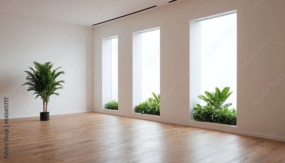 Fototapeta premium Empty room interior background, beige wall, pot with plant, wooden flooring 3d rendering