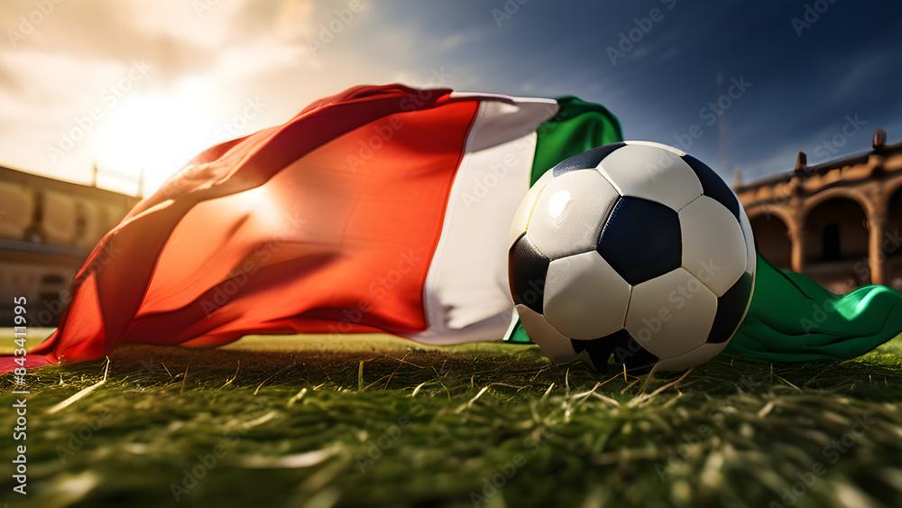 Fototapeta premium The symbolic power of success and victory. soccer ball on Italy flag background. Generative Ai.