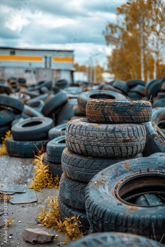 Piles of car tires in factory storage area