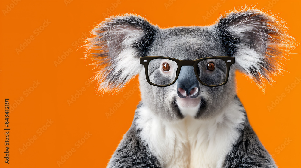 A cute koala with hipster glasses and a bright smile against an orange background A cute koala with hipster glasses and a bright smile against an orange background