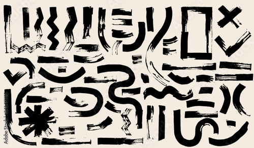 Set of brush drawn circles, black curved lines. Thick geometric brush strokes. Wavy, curly lines, round shapes, vector shapes. Template dark bold stripes, abstract forms. Geometric elements vector.