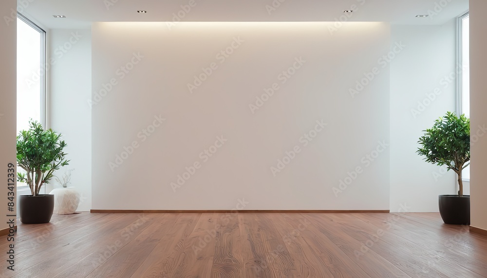 Fototapeta premium Empty room interior background, beige wall, pot with plant, wooden flooring 3d rendering