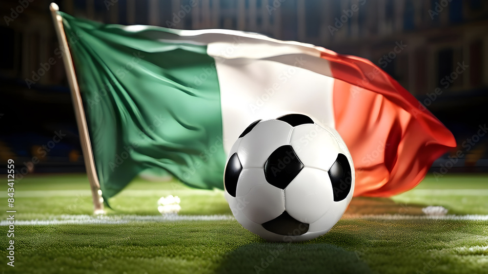 Naklejka premium The symbolic power of success and victory. soccer ball on Italy flag background. Generative Ai.