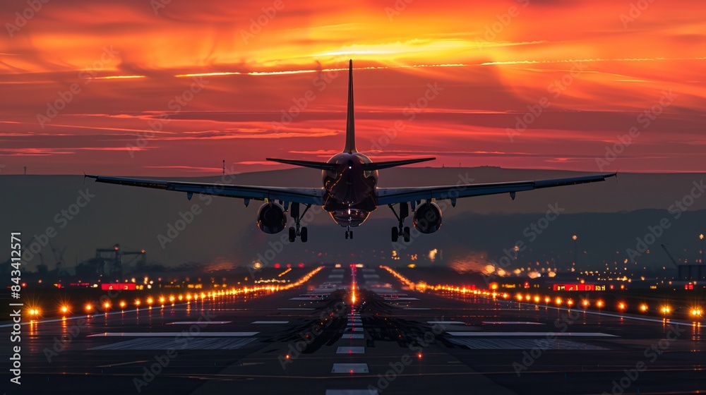 A large jetliner taking off from an airport runway at sunset or dawn, with the landing gear down as the plane is about to take off A large jetliner taking off from an airport runway at sunset or dawn, with the landing gear down as the plane is about to take off