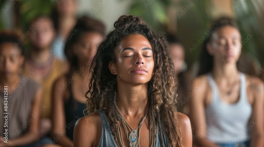 A woman with long hair is sitting in a group of people A woman with long hair is sitting in a group of people