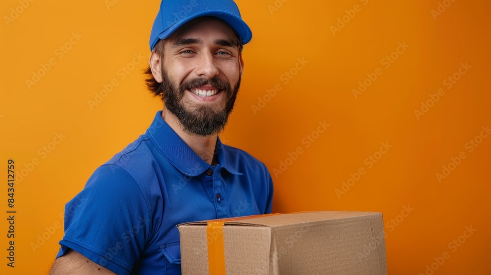 Half-body HDR image of a smiling courier in blue uniform carrying a cardboard box against a orange background, isolated on the right. Depicts efficient delivery services and customer satisfaction Half-body HDR image of a smiling courier in blue uniform carrying a cardboard box against a orange background, isolated on the right. Depicts efficient delivery services and customer satisfaction
