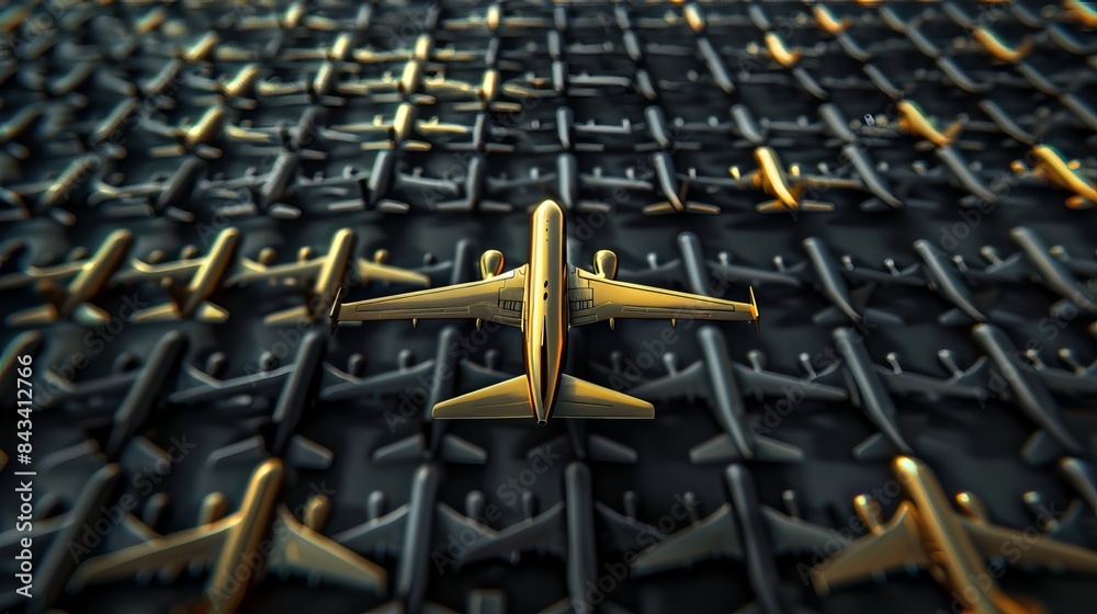 Fototapeta premium 3D illustration depicting a golden leader airplane standing out in a crowd of many black airplanes, symbolizing the concept of being different