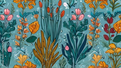 Lovely hand drawn under water plants seamless pattern, summer background, great for textiles, banners, wallpapers, wrapping - vector design Generative AI 