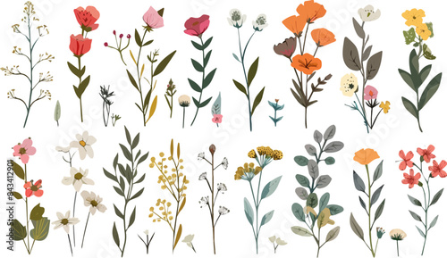Wallpaper Mural Beautiful romantic flower collection with leaves. Watercolor summer wild field flowers. Idea for wedding, fabrics, card, poster, invitation, decoration, paper design. Torontodigital.ca
