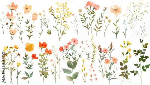 Beautiful romantic flower collection with leaves. Watercolor summer wild field flowers. Idea for wedding, fabrics, card, poster, invitation, decoration, paper design.