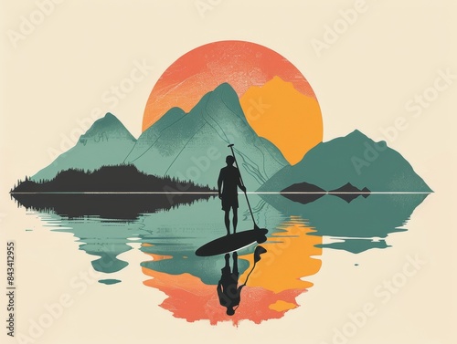 Flat illustration, line art, minimal, a male paddle boarder on a calm lake with mountains on the coast, black line, teal and orange pastel tones photo