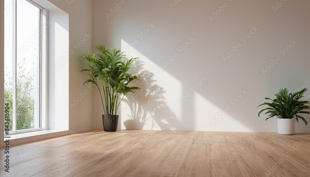 A empty living room with a plant on the wall A empty living room with a plant on the wall