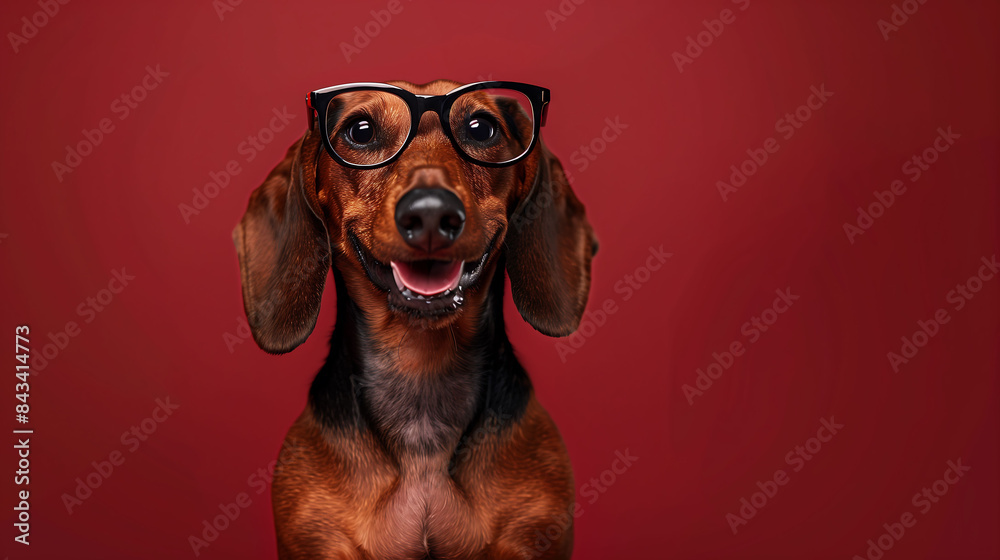 A happy dachshund with stylish glasses and a big grin against a solid maroon background A happy dachshund with stylish glasses and a big grin against a solid maroon background