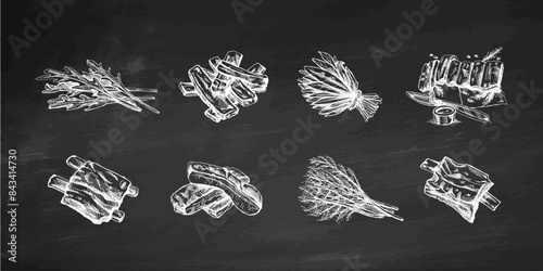 Hand-drawn monochrome vector sketch set of barbecue ribs and a greens. Doodle vintage illustration. Decorations for the menu of cafes and labels. Engraved image on chalkboard background.