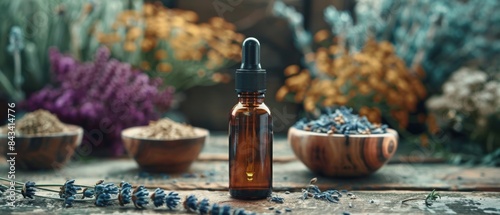 A bottle with a dropper and glass bottles of medicinal herbs. A mortar and bowl of dry herbs. Alternative medicine.