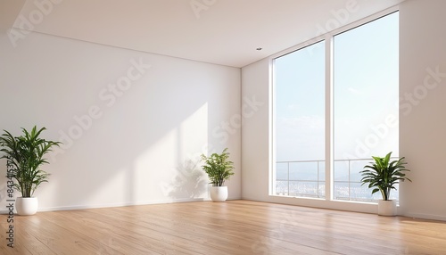 A empty living room with a plant on the wall