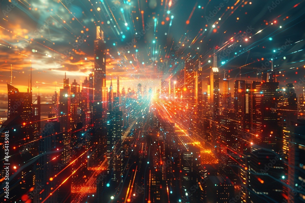 Obraz premium A colorful magnetar emerges from a holographic display, forming a detailed urban landscape in mid-air.