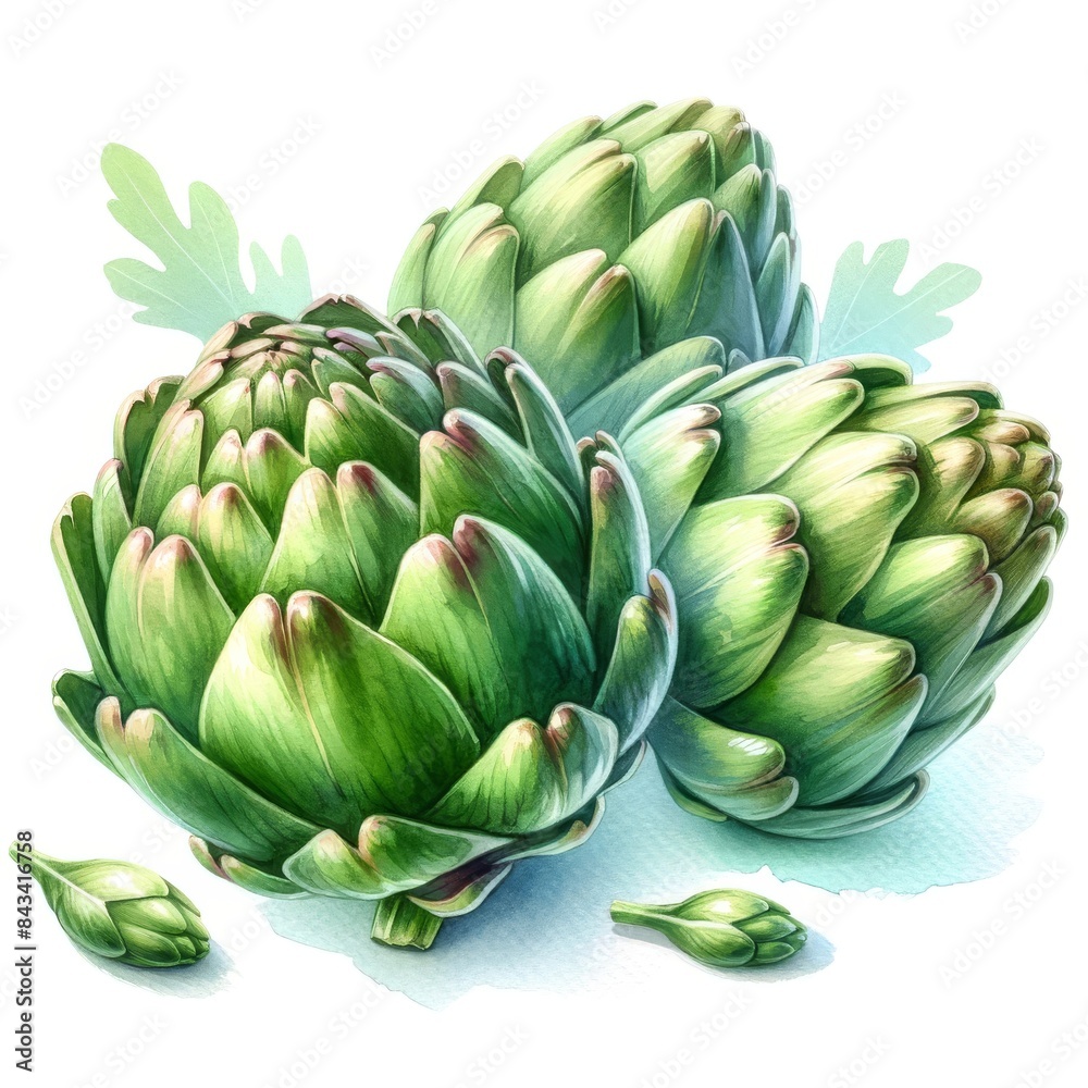 Watercolor illustration of artichokes with green leaves, shown against a white background. The detailed depiction captures the fresh and nutritious qualities of the artichokes. Watercolor illustration of artichokes with green leaves, shown against a white background. The detailed depiction captures the fresh and nutritious qualities of the artichokes.