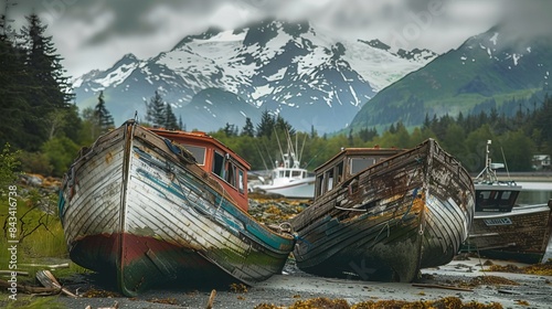 In the remote wilderness of Alaska lies a tranquil fishing village, where weathered wooden boats lie at anchor upon the shore, patiently awaiting the call of the sea for their next voyage photo