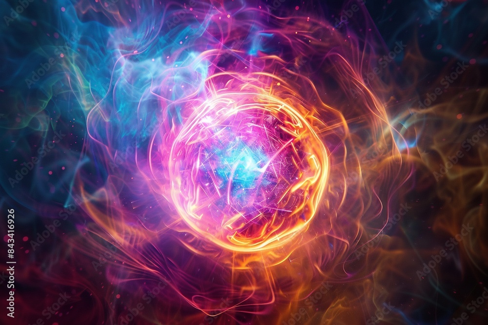 Obraz premium A mesmerizing holographic projection of a colorful magnetar displayed in medium shot, creating a captivating background texture for wallpapers and computer banners.