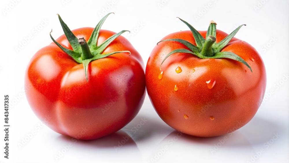 Two tomatoes with a branch on a white background Two tomatoes with a branch on a white background