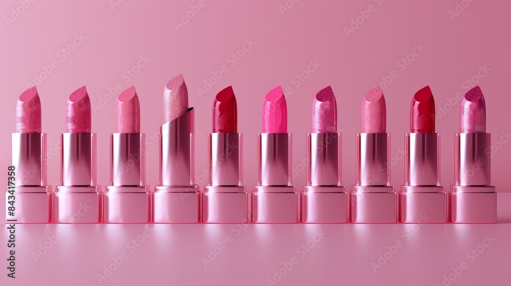 Row of pink lipsticks in various shades, isolated on pink background, photorealistic rendering, excellent for beauty and makeup promotions Row of pink lipsticks in various shades, isolated on pink background, photorealistic rendering, excellent for beauty and makeup promotions