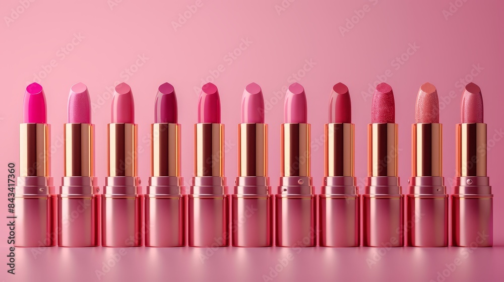 Row of pink lipsticks in various shades, isolated on pink background, photorealistic rendering, excellent for beauty and makeup promotions Row of pink lipsticks in various shades, isolated on pink background, photorealistic rendering, excellent for beauty and makeup promotions