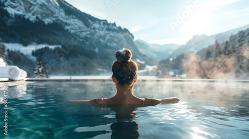 Young woman spending winter or spring vacation in luxury spa resort with swimming pool over alpine mountain landscape © PaulShlykov