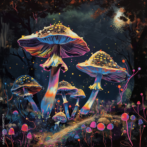 there are many mushrooms that are in the grass at night © PG Stock