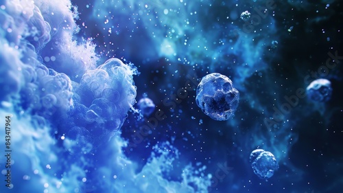 A digital illustration of a blue nebula with floating rocks in space