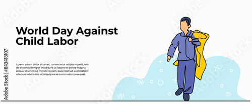 Vector illustration of little boy works hard. Modern flat in continuous line style.