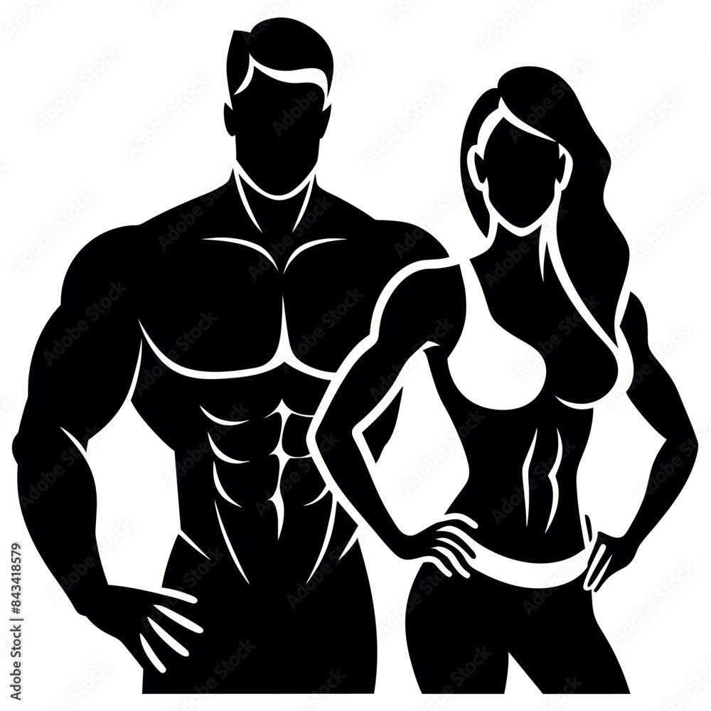 Fototapeta premium fitness gym couple man and woman close to each other vector silhouette