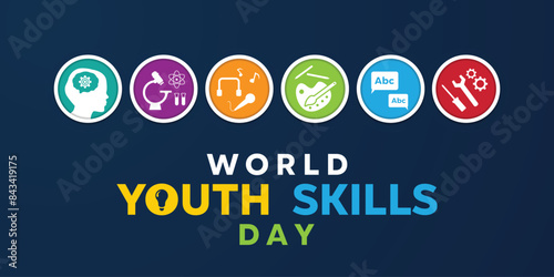 World Youth Skills Day. Brain, microscopes and more. Great for cards, banners, posters, social media and more. Dark blue background.