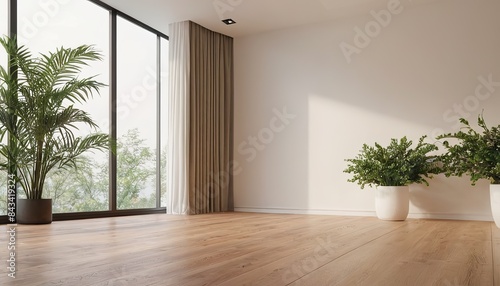 Fototapeta Naklejka Na Ścianę i Meble -  a room with a white wall and a green plant in the corner.