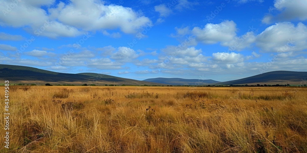 A wide shot of a grassy plain with rolling hills in the distance on a sunny day with a clear blue sky and white clouds