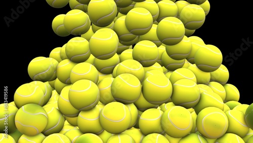 A Cascade of Yellow: A Pile of Tennis Balls in Flight.
A digital image showcasing a pile of tennis balls appearing as though they are falling and cascading on a black background. 