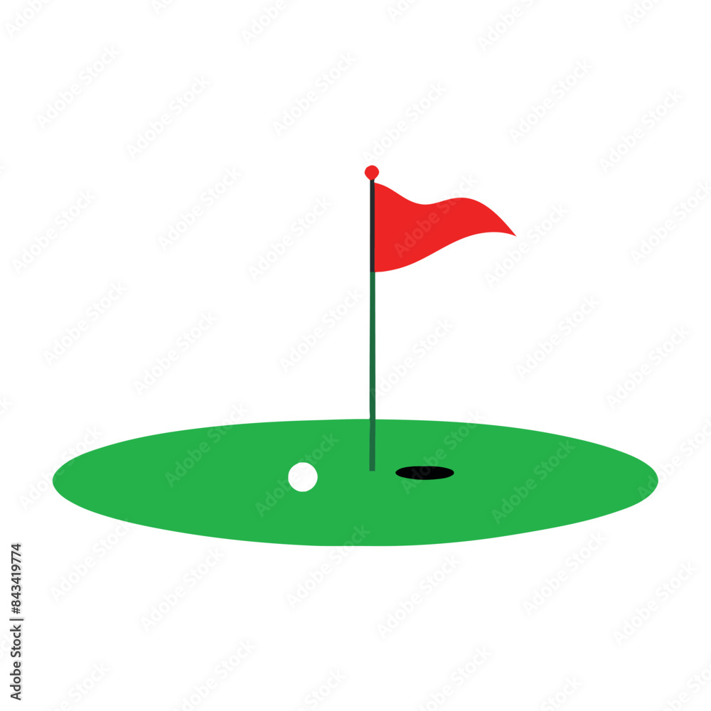 golf green field with a flying golf flag silhouette on a white background