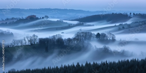 A misty morning in the countryside with fog rolling over green hills and trees © pham