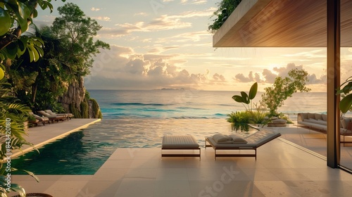 Behold the island terrace, boasting a stunning sea view that stretches to the horizon. This high-resolution image captures the essence of tranquility as gentle waves lap against the shore.