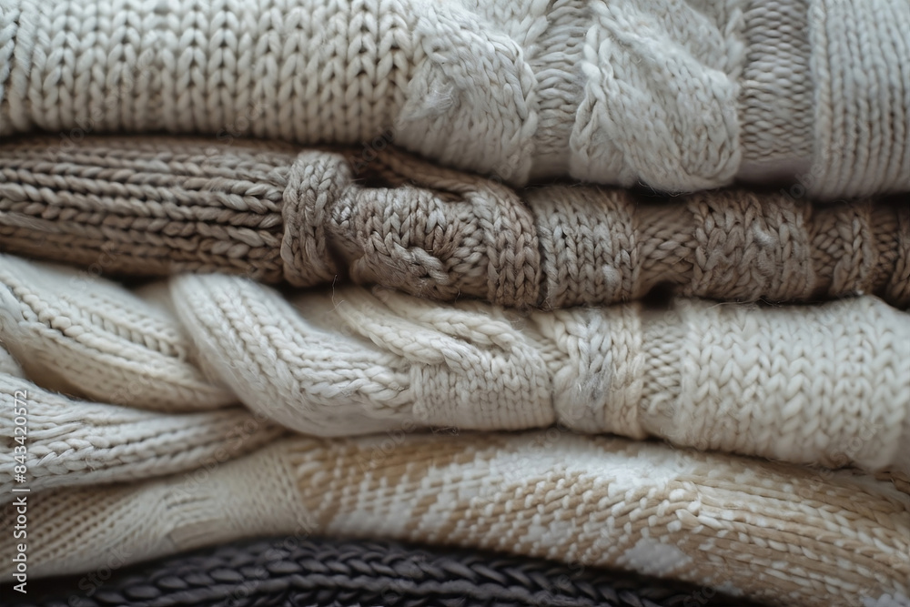 Laundry and maid.Aesthetic photo of a stack of knitted sweaters in close-up. Wool is a natural fabric, winter fashion. Folded knitted sweaters of different textures and pastel shades. Laundry and maid.Aesthetic photo of a stack of knitted sweaters in close-up. Wool is a natural fabric, winter fashion. Folded knitted sweaters of different textures and pastel shades.
