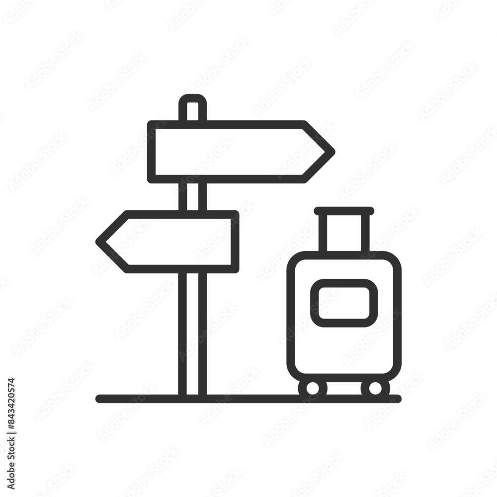 Travel, Directional signpost and suitcase, linear icon. Line with editable stroke Travel, Directional signpost and suitcase, linear icon. Line with editable stroke