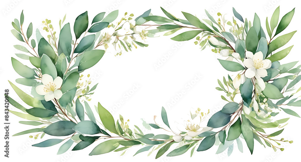 A green leafy wreath with white flowers and leaves A green leafy wreath with white flowers and leaves