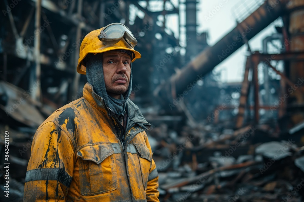 Solemn firefighter in a post-disaster scene