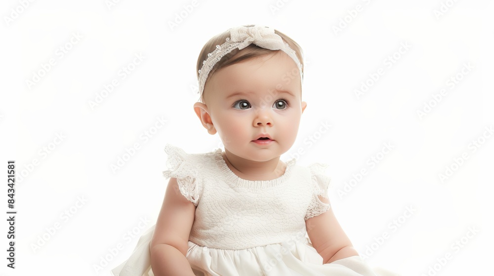 A charming baby girl sporting a frilly white dress with a matching headband, A charming baby girl sporting a frilly white dress with a matching headband,